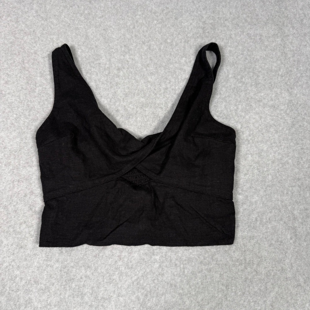 Abercrombie & Fitch Black Linen Blend Surplice Smocked Crop Top Womens Small